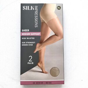 NEW SILK Impressions Beige Sheer Medium Support Pantyhose XL 30 Denier 2pr